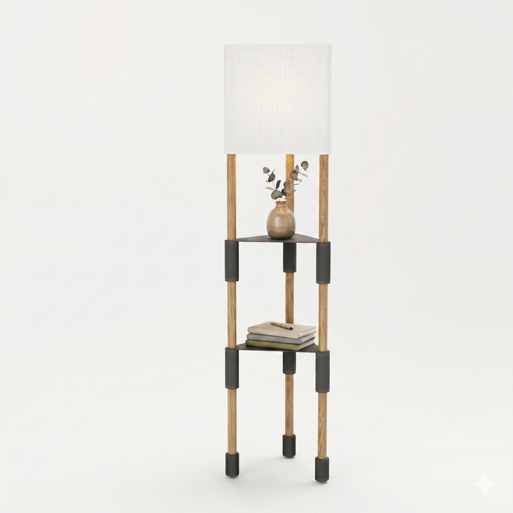 Lámpara de pie TRIARA con Estantes | Madera natural y diseño escandinavo