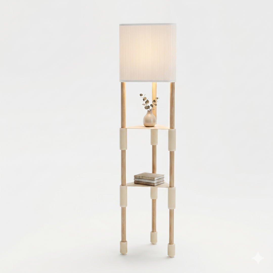 Lámpara de pie TRIARA con Estantes | Madera natural y diseño escandinavo