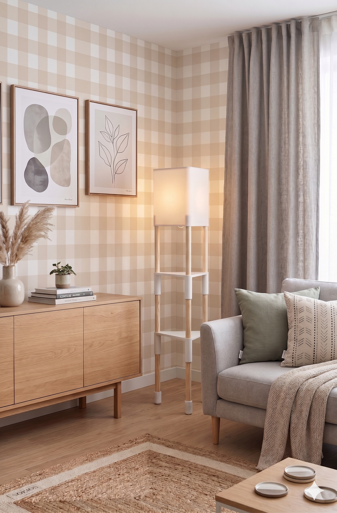 Lámpara de pie TRIARA con Estantes | Madera natural y diseño escandinavo