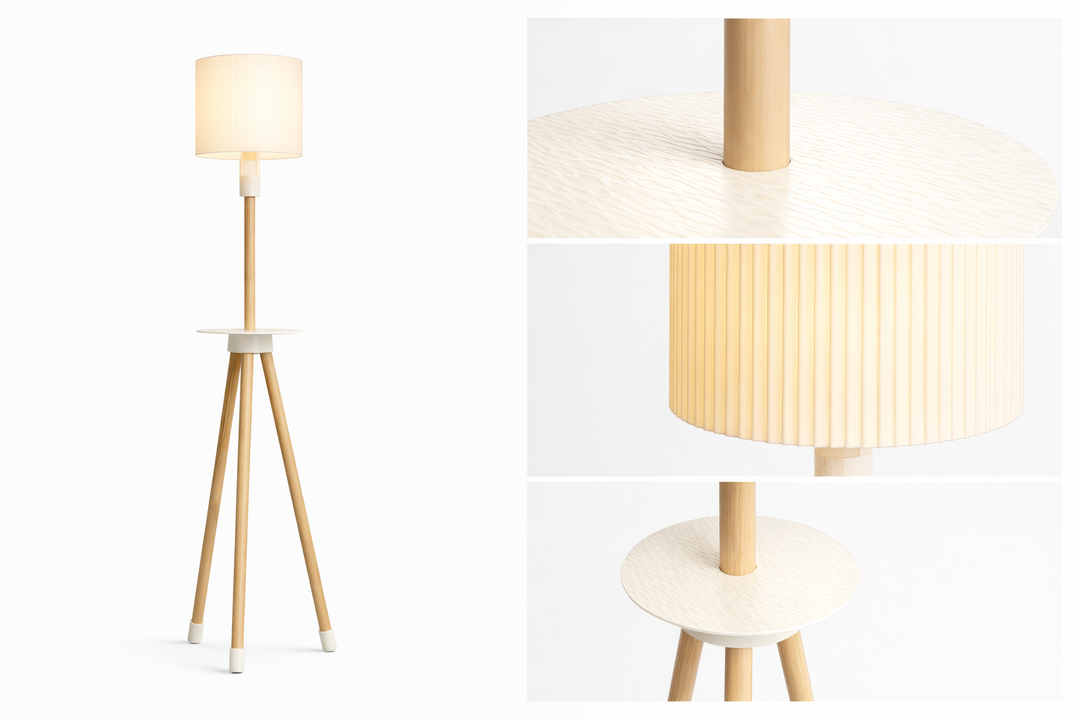 Lámpara de pie de diseño KORA | Madera natural y pantalla texturizada