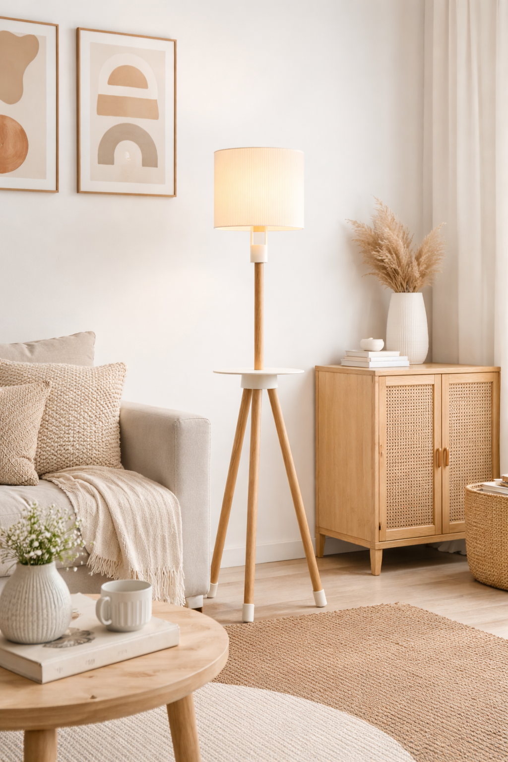 Lámpara de pie de diseño KORA | Madera natural y pantalla texturizada