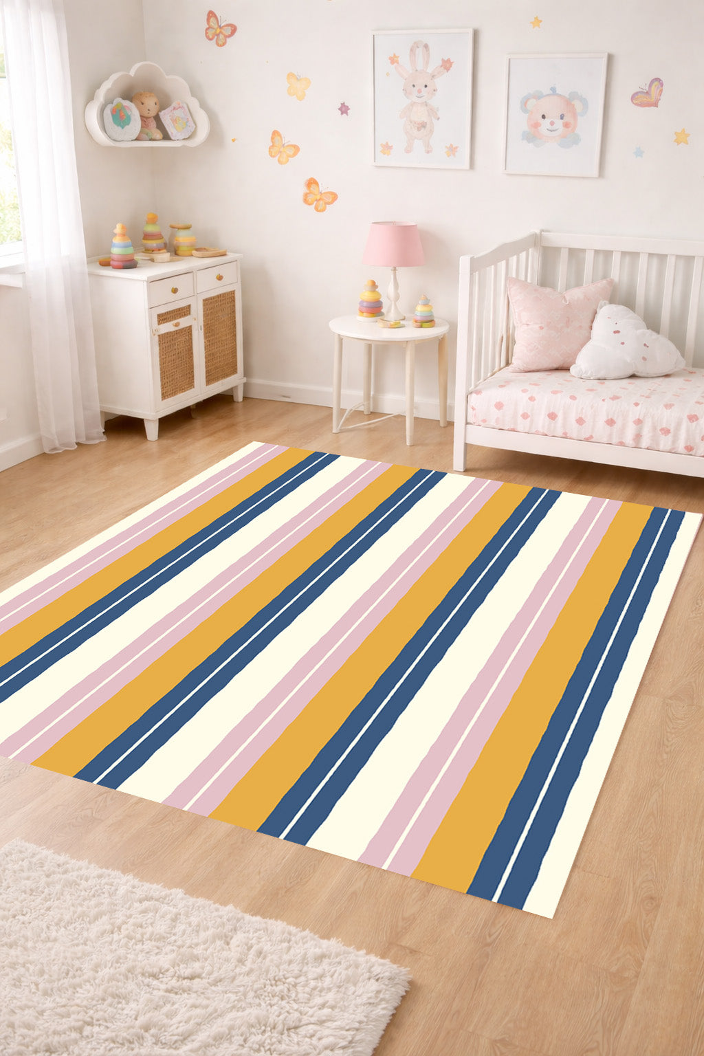 Alfombra vinílica Rayas Dobles Amarillo Azul Rosa S