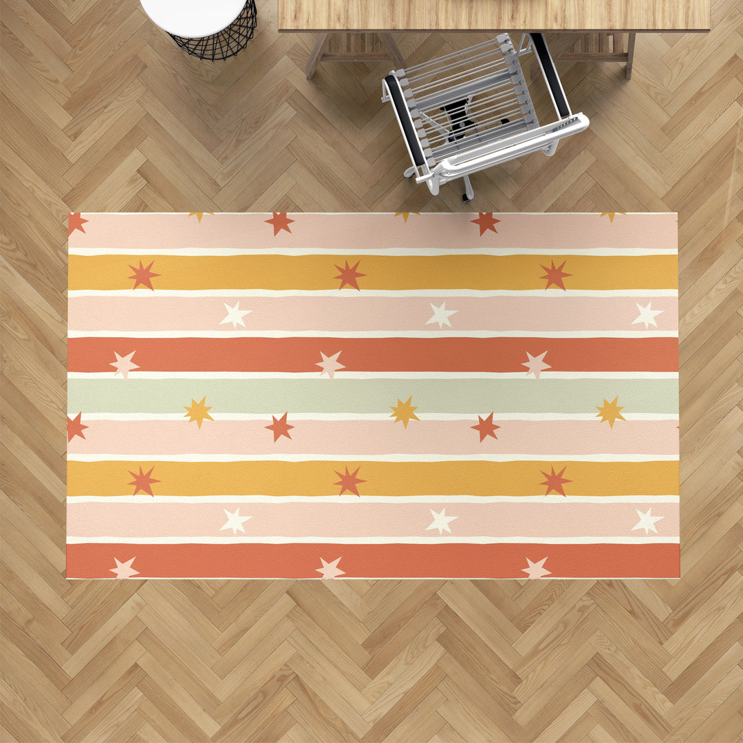 Alfombra vinílica Rayas Irregulares Estrellas Naranja Verde M