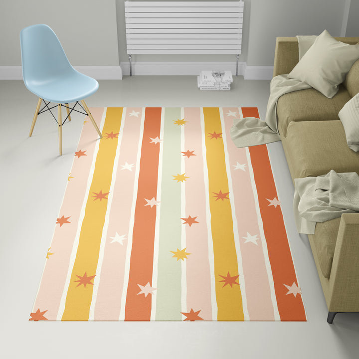 Alfombra vinílica Rayas Irregulares Estrellas Naranja Verde M