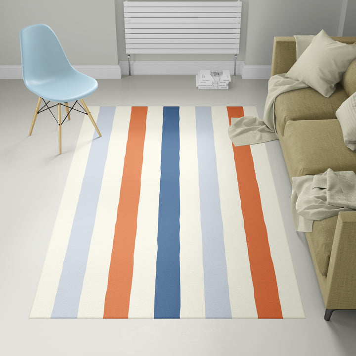 Alfombra vinílica Rayas Irregulares Naranja Azul Crema M
