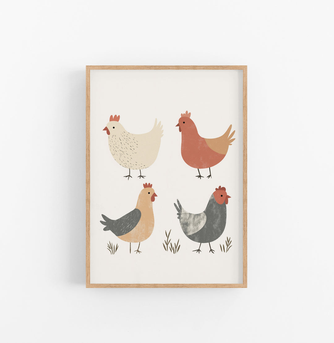 Cuadro Animales Granja Gallinas Beige Gris