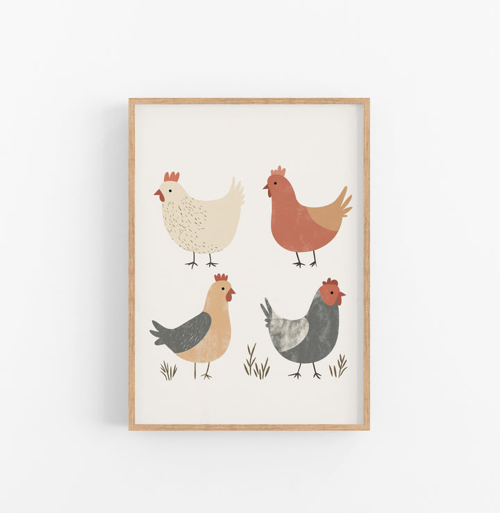 Cuadro Animales Granja Gallinas Beige Gris