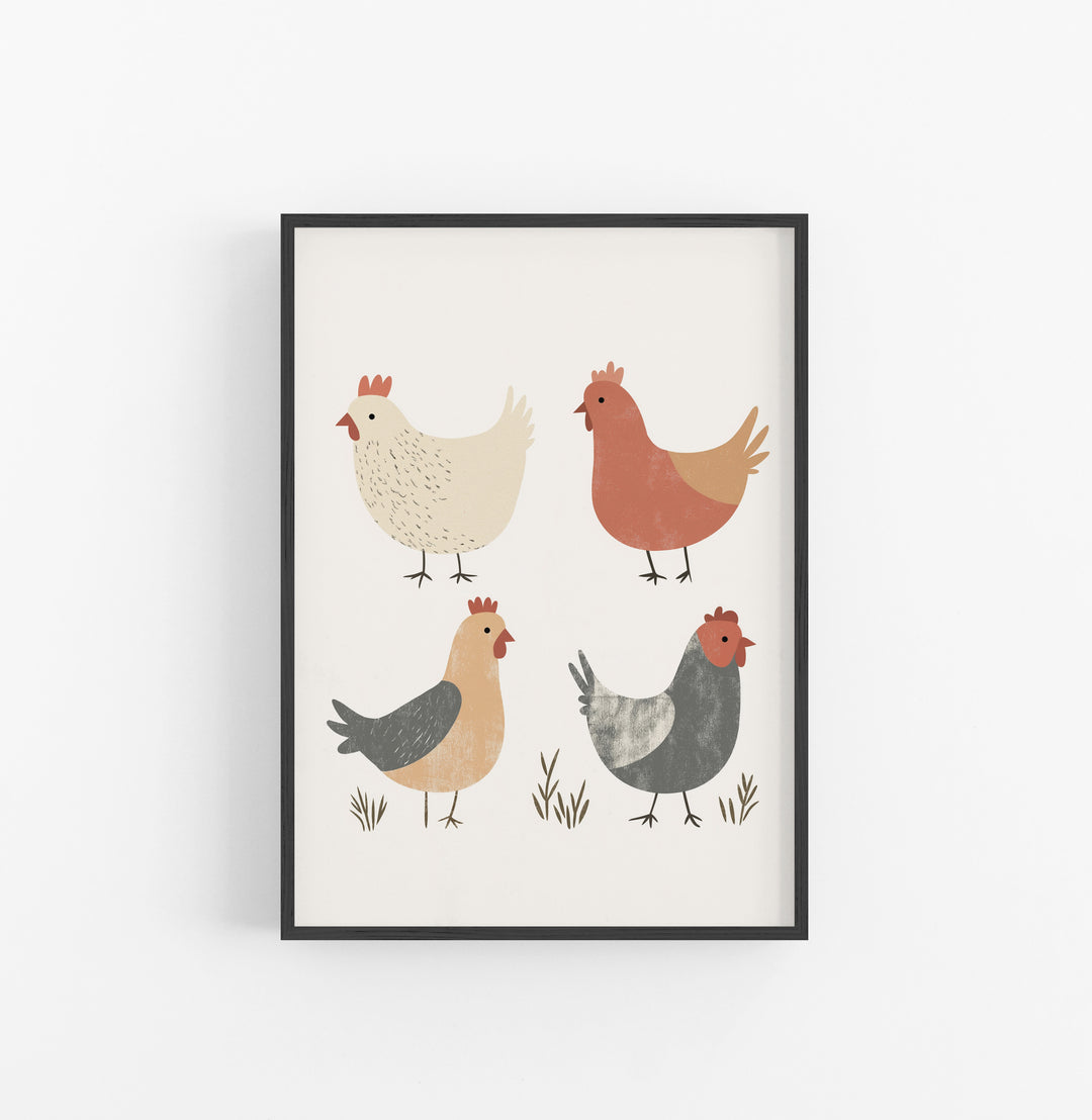 Cuadro Animales Granja Gallinas Beige Gris