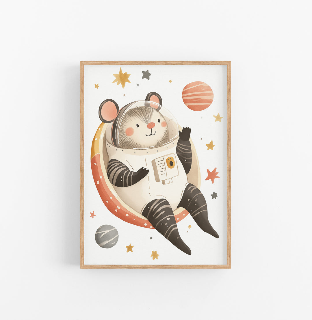 Cuadro Raton Espacial Ilustracion Beige Naranja