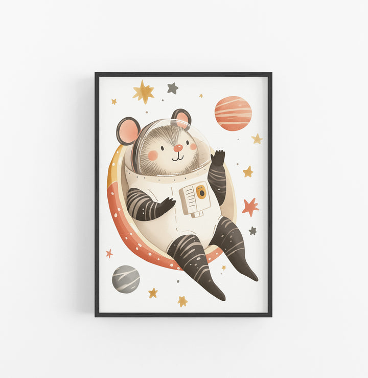 Cuadro Raton Espacial Ilustracion Beige Naranja