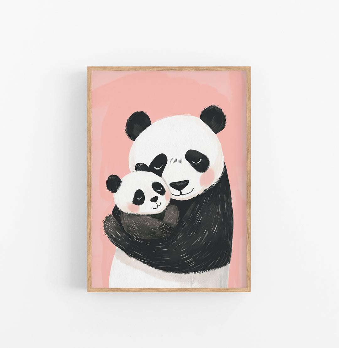 Cuadro Pandas Mami con bebe Negro Blanco Rosa