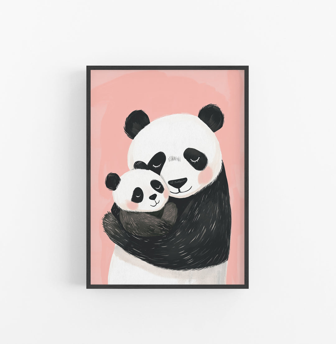 Cuadro Pandas Mami con bebe Negro Blanco Rosa
