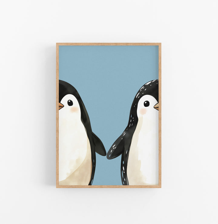 Cuadro Animales Ilustracion Pinguinos Azul Negro