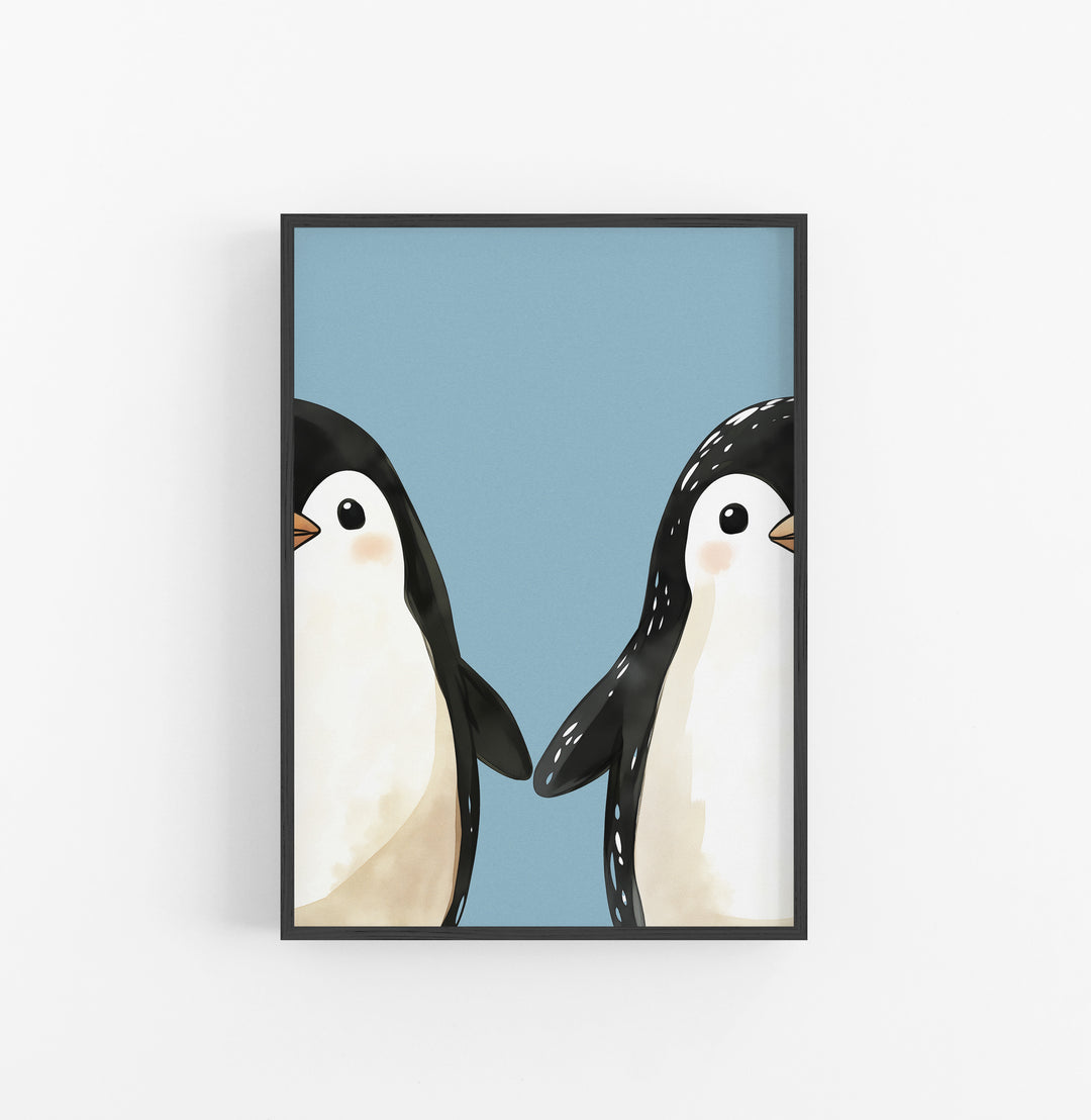 Cuadro Animales Ilustracion Pinguinos Azul Negro