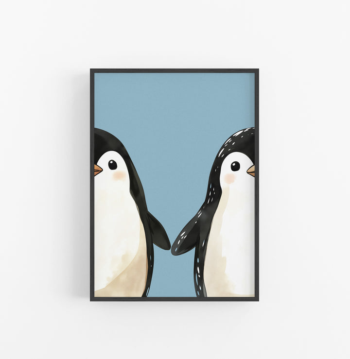 Cuadro Animales Ilustracion Pinguinos Azul Negro