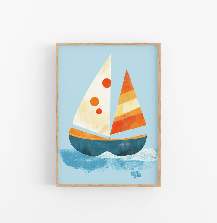 Cuadro Barco Velas Geometrico Azul Naranja