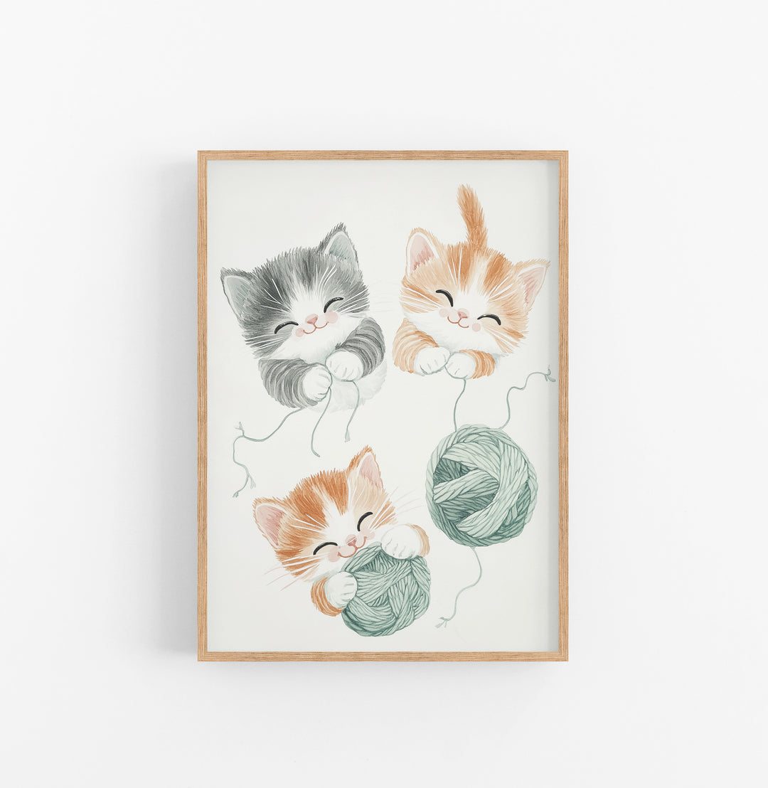 Cuadro Gatos Juguetones Verde Naranja Gris