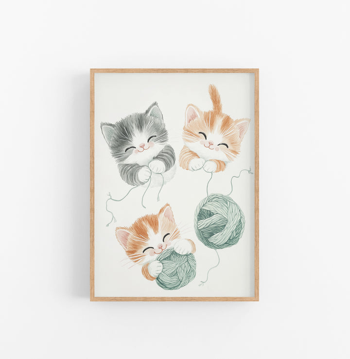 Cuadro Gatos Juguetones Verde Naranja Gris
