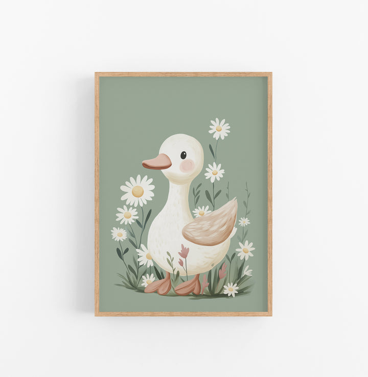 Cuadro Duck Dibujosanimados Floral Verde Crema