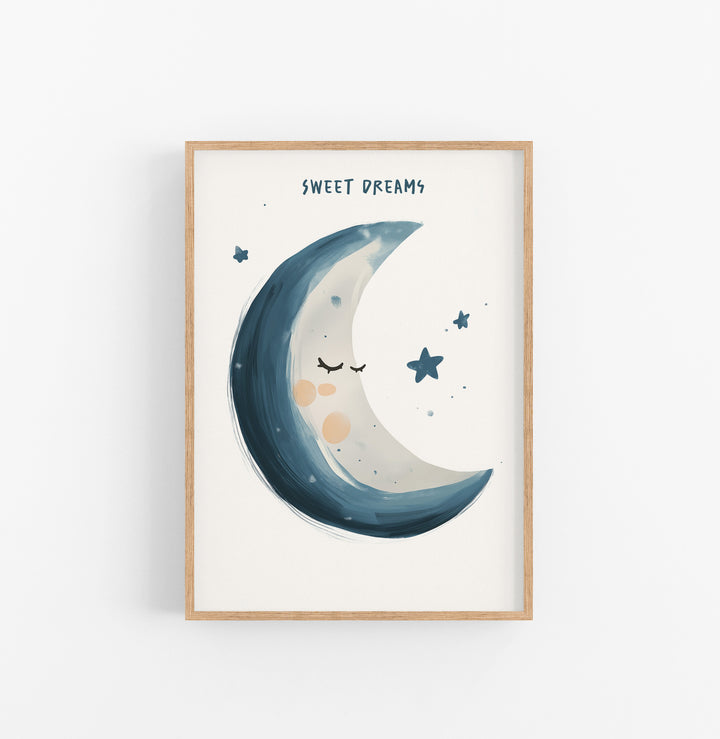 Cuadro Luna Dormida Estrellas Azul Crema