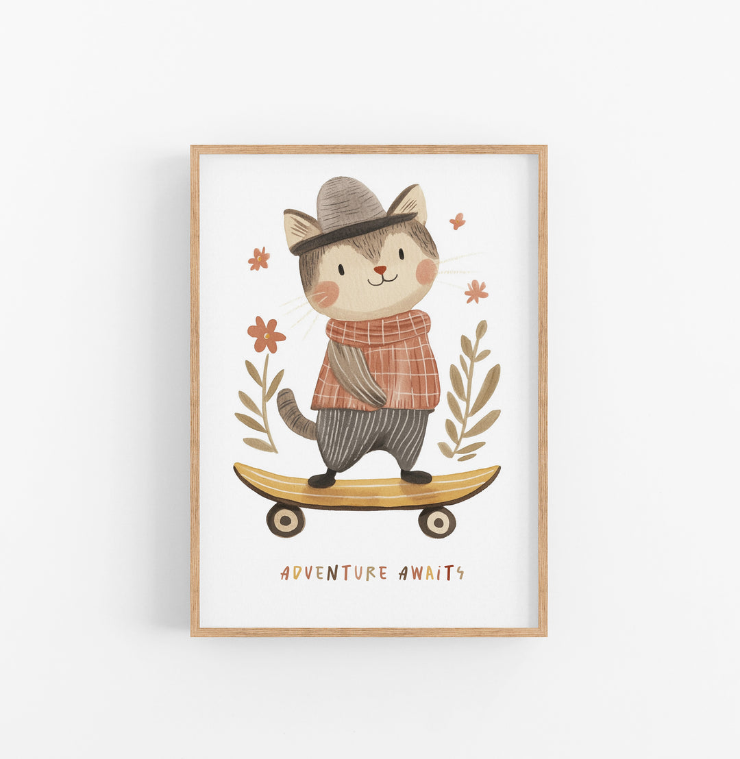 Cuadro Mapache Monopatin Ilustracion Vintage Ocre Terracota