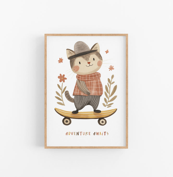 Cuadro Mapache Monopatin Ilustracion Vintage Ocre Terracota
