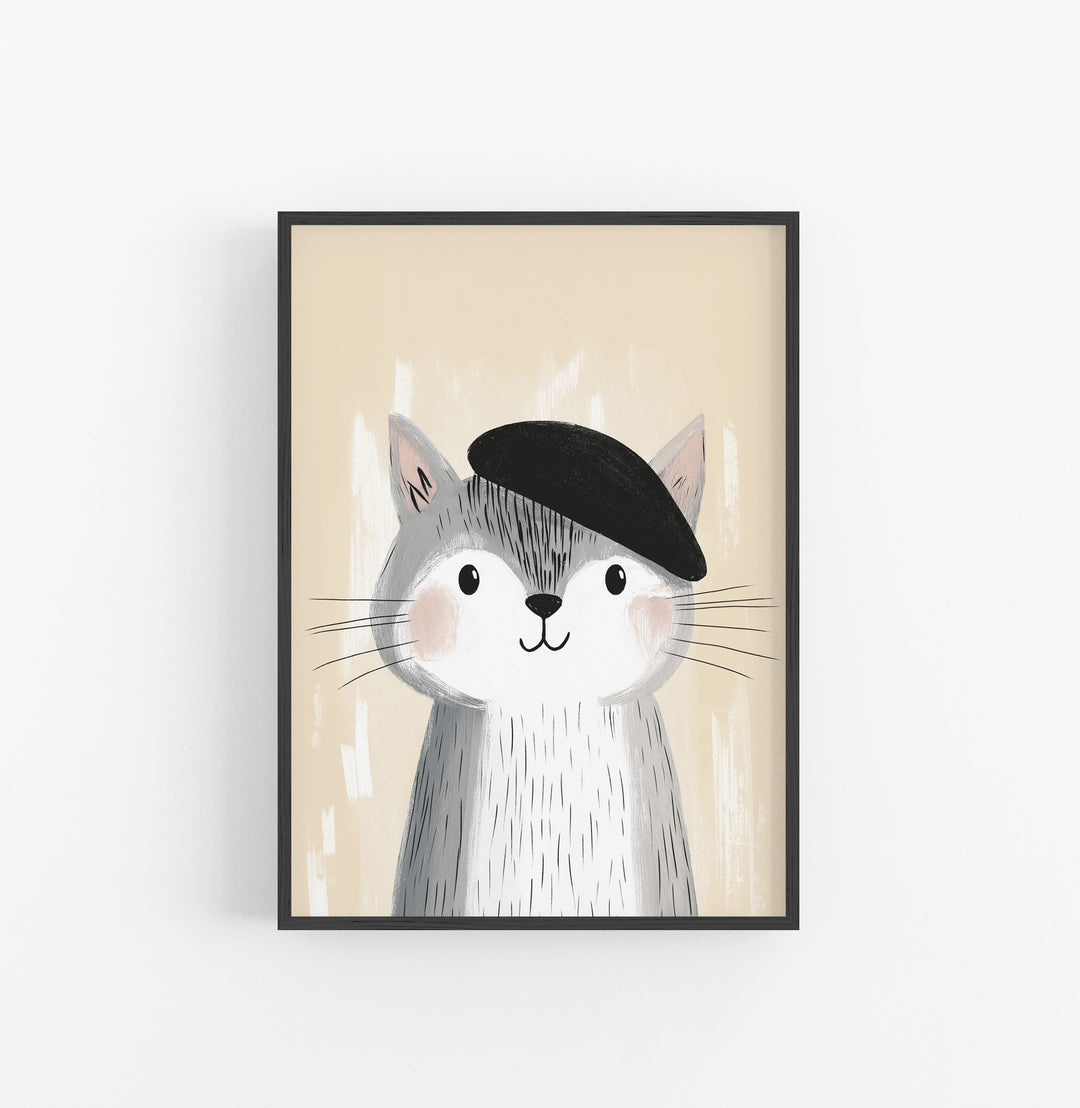 Cuadro Gato Ilustracion Ninos Gris Negro