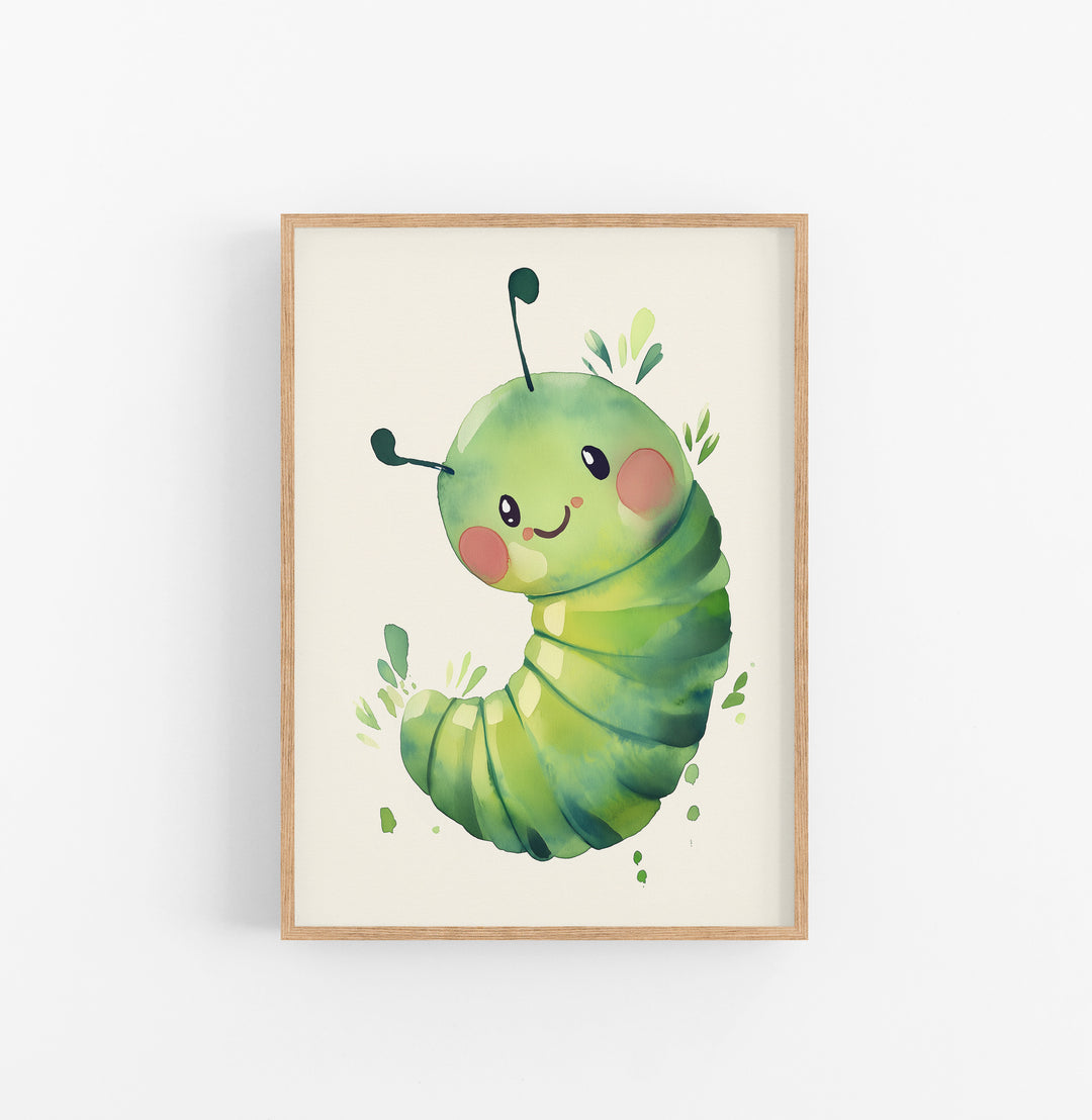 Cuadro Oruga Aguarela Verde Rosa