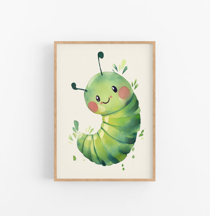 Cuadro Oruga Aguarela Verde Rosa
