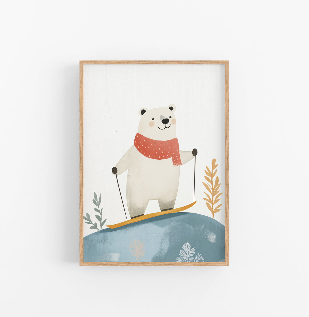 Cuadro Oso Esqui Nieve Azul Naranja