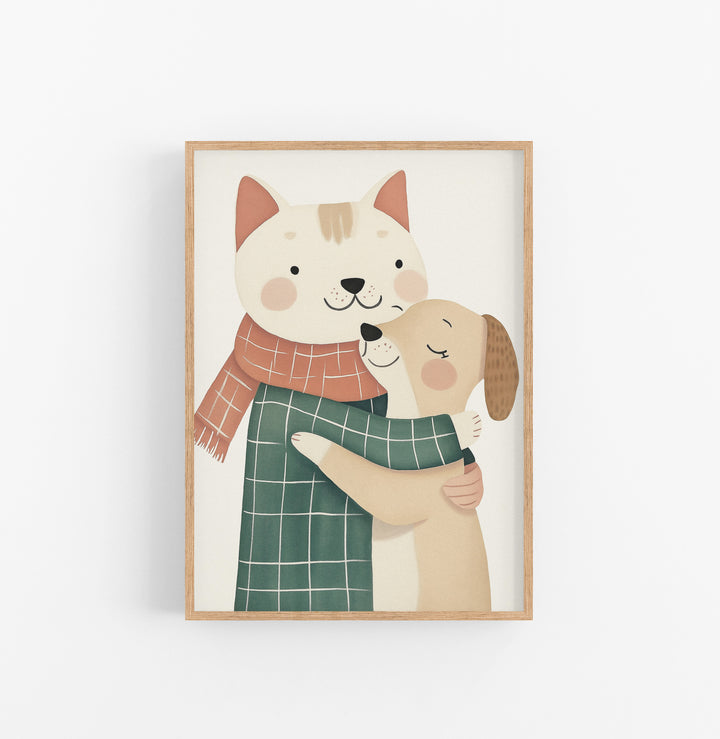 Cuadro Ilustracion Perro Gato Sueter Verde Rojo