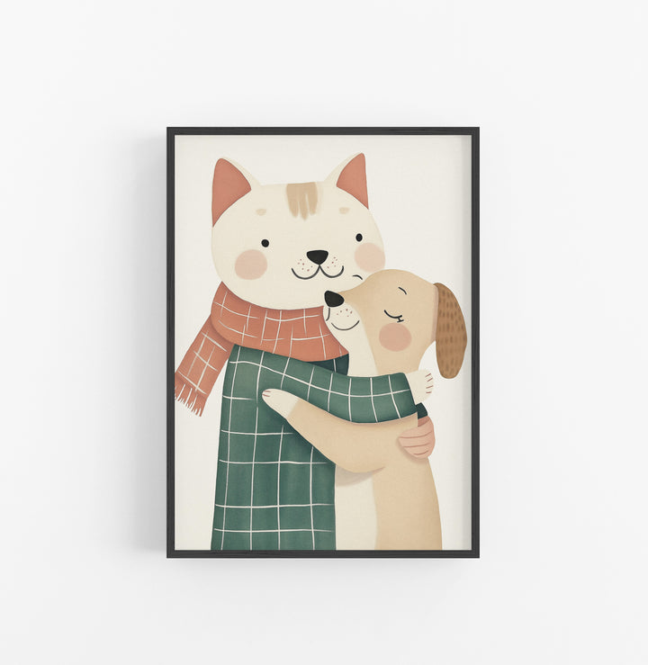 Cuadro Ilustracion Perro Gato Sueter Verde Rojo