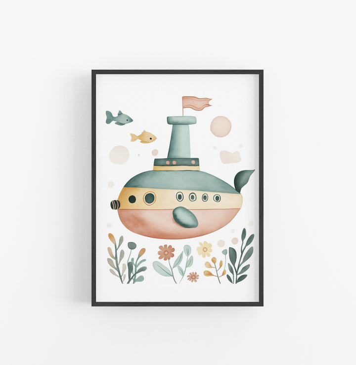 Cuadro Submarino Floral Acuarela Verde Ocre