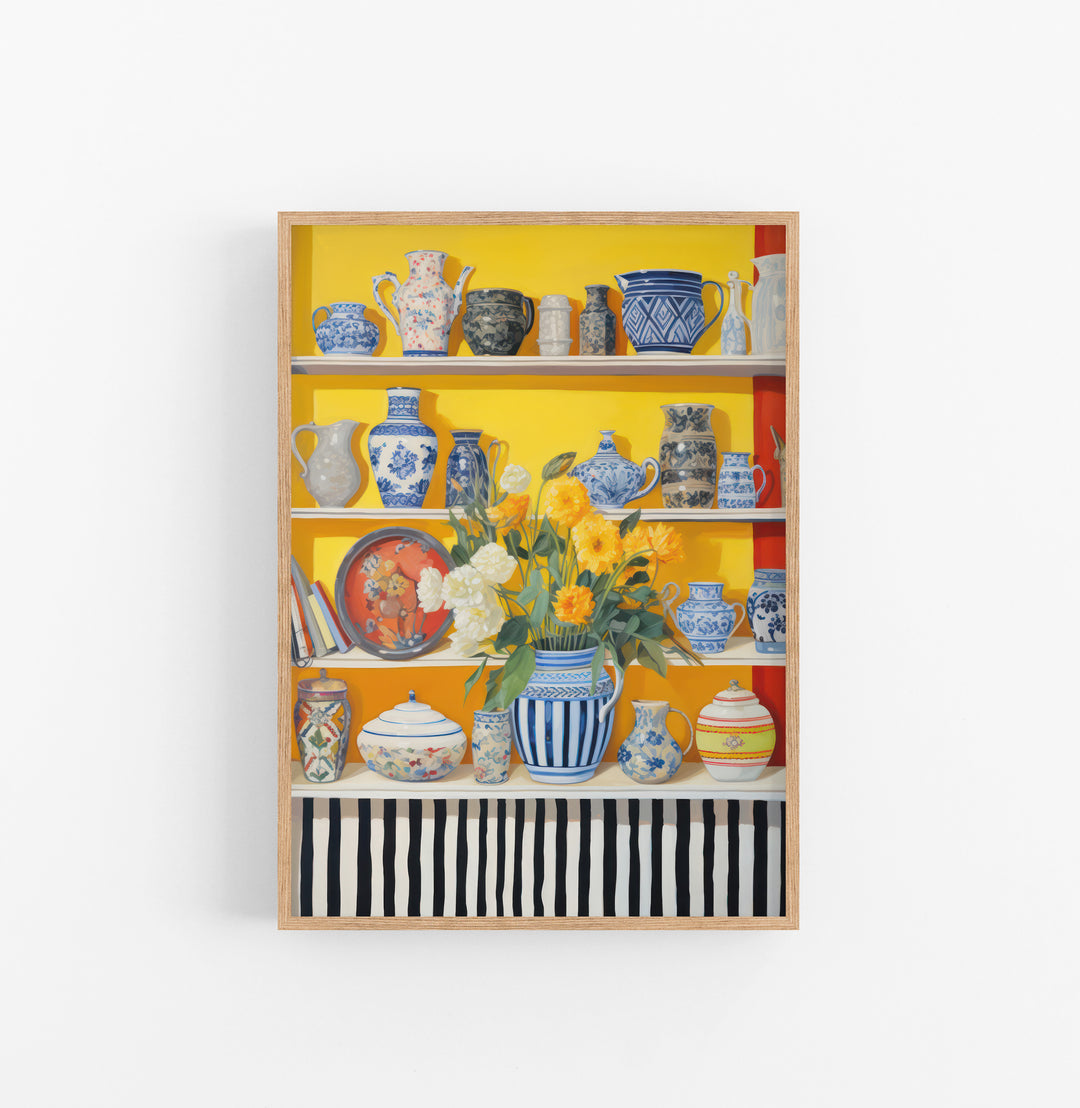 Cuadro con Marco Eclectic Ceramica Azul Blanco Floral Amarillo Verde Rayas Negro Blanco