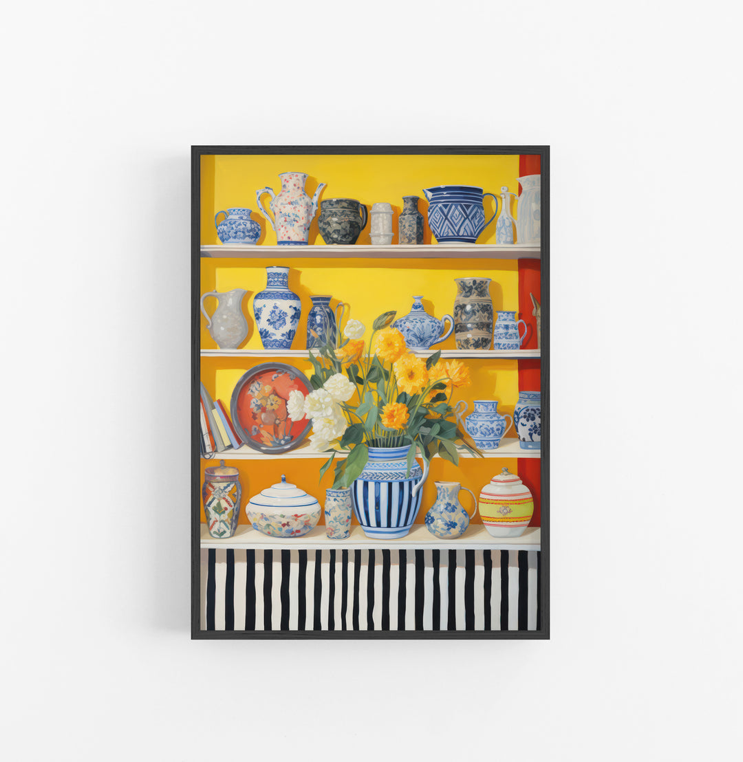 Cuadro con Marco Eclectic Ceramica Azul Blanco Floral Amarillo Verde Rayas Negro Blanco