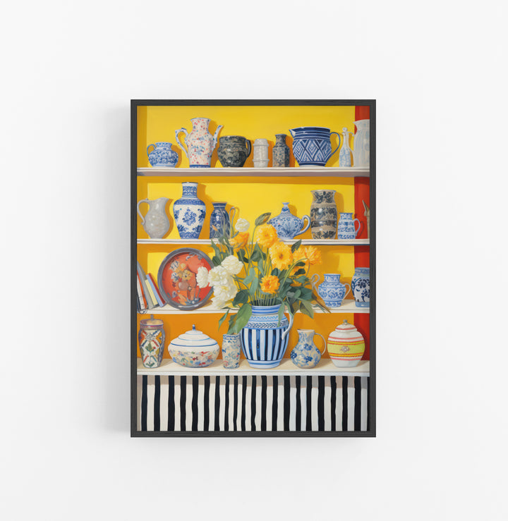 Cuadro con Marco Eclectic Ceramica Azul Blanco Floral Amarillo Verde Rayas Negro Blanco