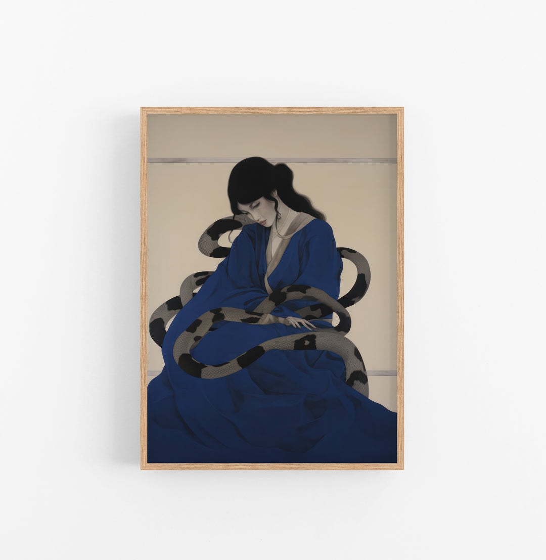Cuadro con Marco Eclectic Figurativo Mujer Serpiente Azul Negro