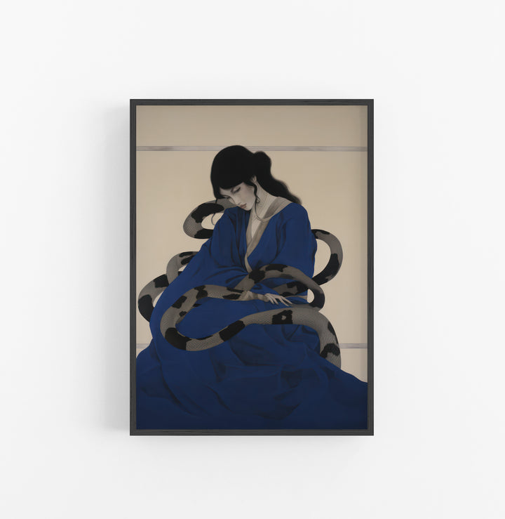 Cuadro con Marco Eclectic Figurativo Mujer Serpiente Azul Negro