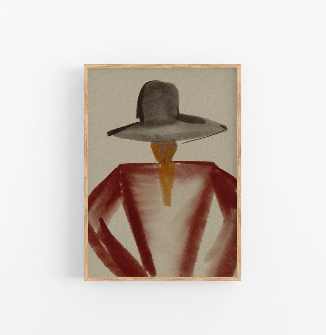 Cuadro con Marco Casual Ethnic Acuarela Femenino Sombrero Gris Rojo