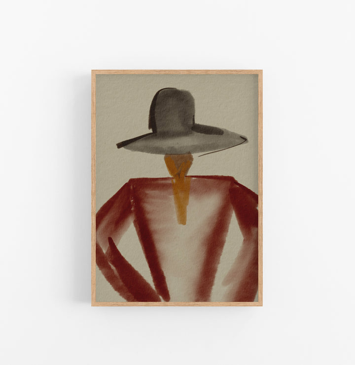 Cuadro con Marco Casual Ethnic Acuarela Femenino Sombrero Gris Rojo