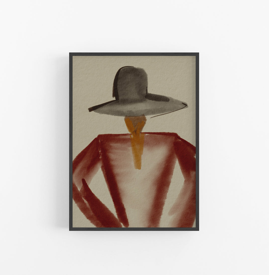 Cuadro con Marco Casual Ethnic Acuarela Femenino Sombrero Gris Rojo