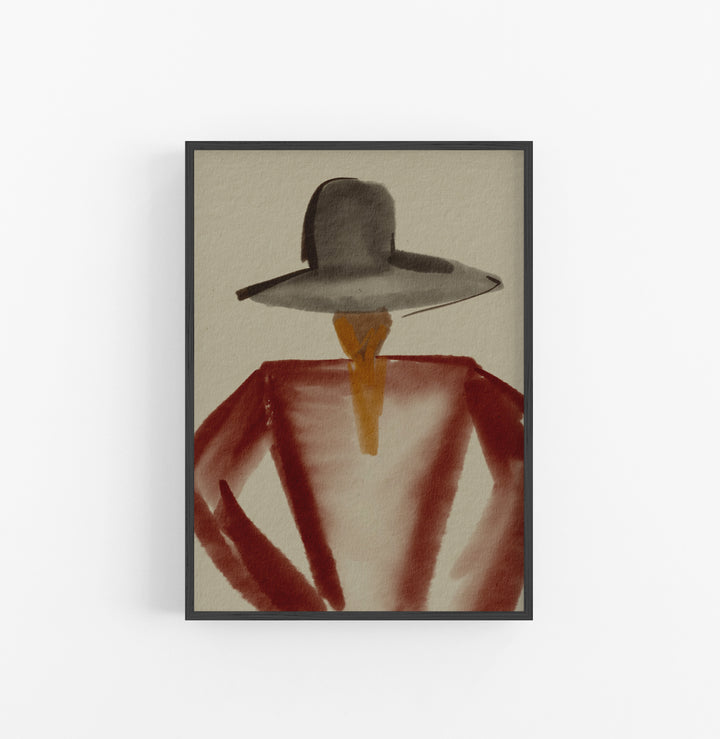 Cuadro con Marco Casual Ethnic Acuarela Femenino Sombrero Gris Rojo