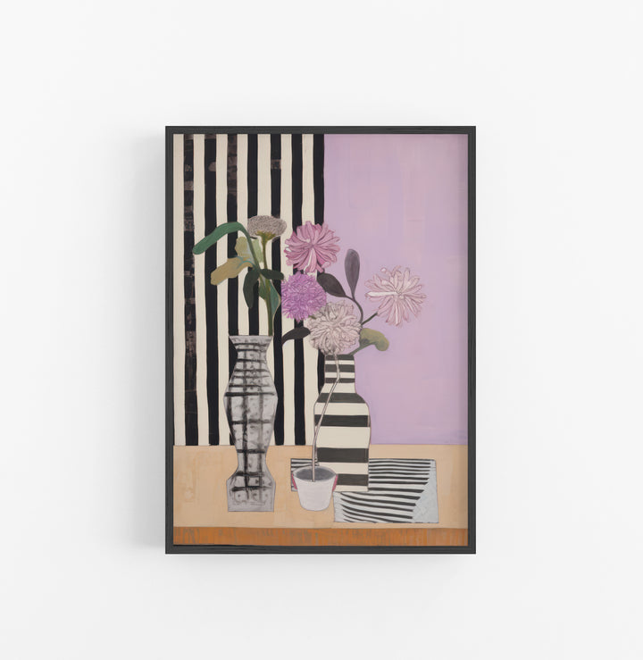 Cuadro con Marco Eclectic Floral Rayas Vintage Lila Negro