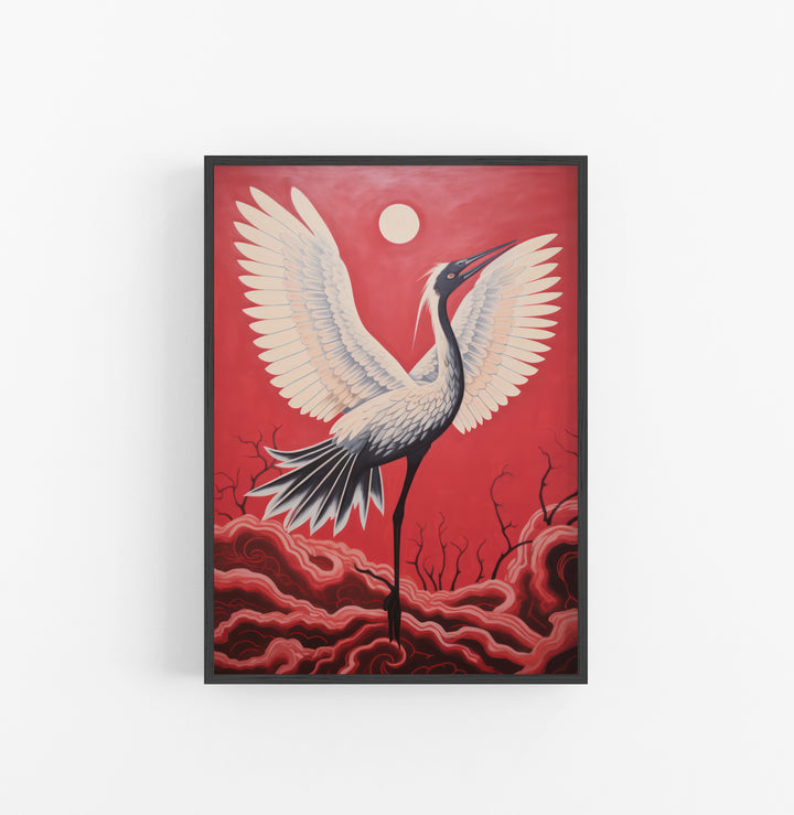 Cuadro con Marco Eclectic Grulla Oriental Rojo Blanco Negro