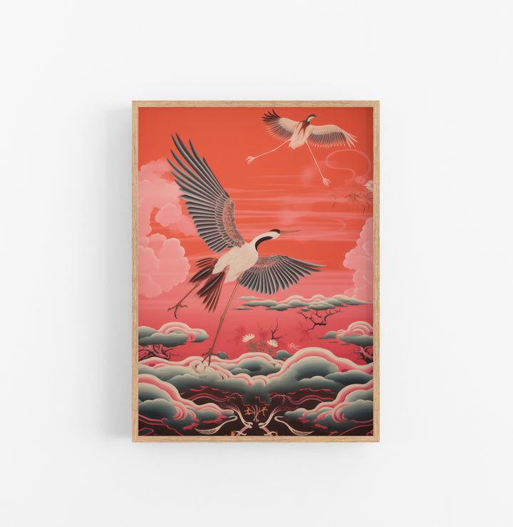 Cuadro con Marco Eclectic Grullas Asiatico Rojo Gris
