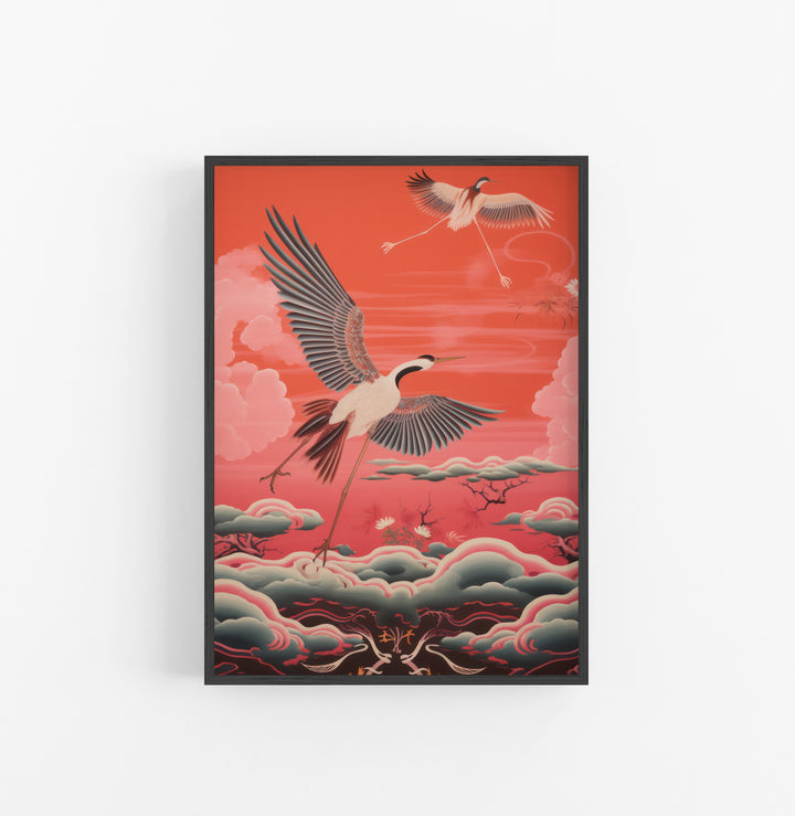 Cuadro con Marco Eclectic Grullas Asiatico Rojo Gris