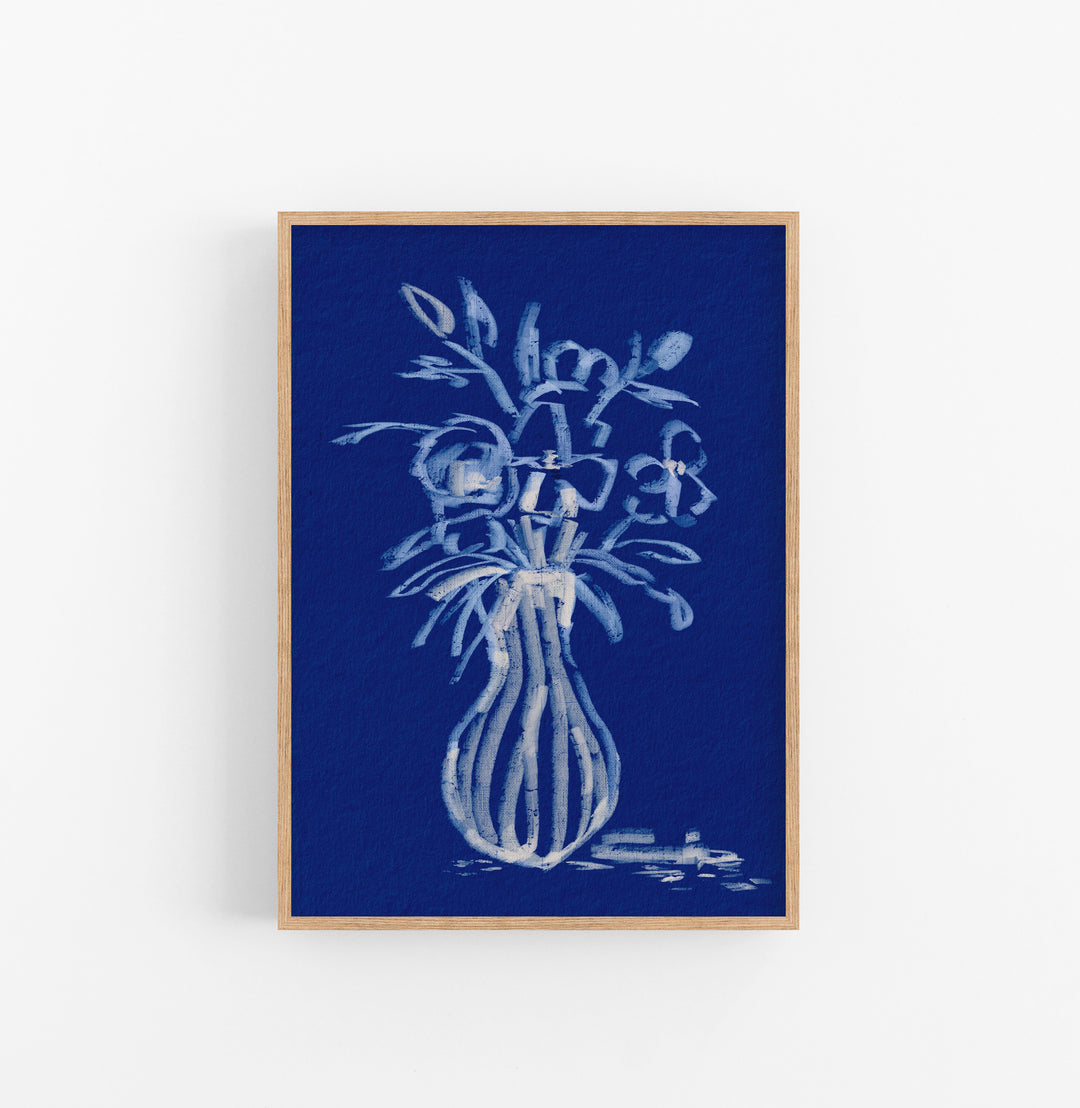 Cuadro con Marco Casual Ethnic Floral Esbozo Pintura Blanco Azul