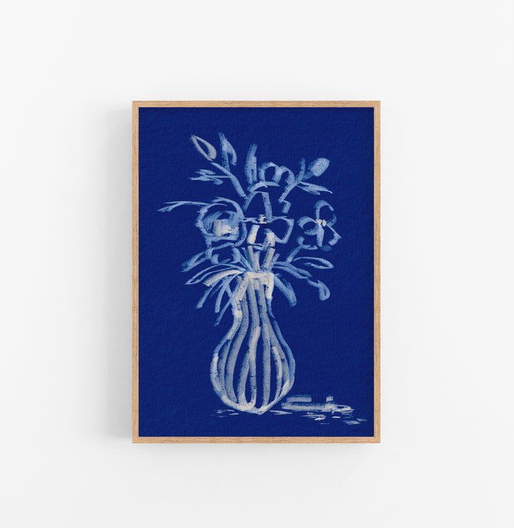 Cuadro con Marco Casual Ethnic Floral Esbozo Pintura Blanco Azul