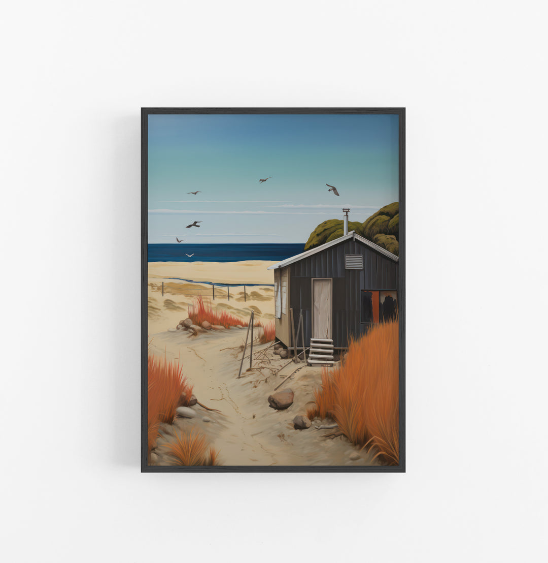 Cuadro con Marco Eclectic Paisaje Cabana Playa Azul Naranja