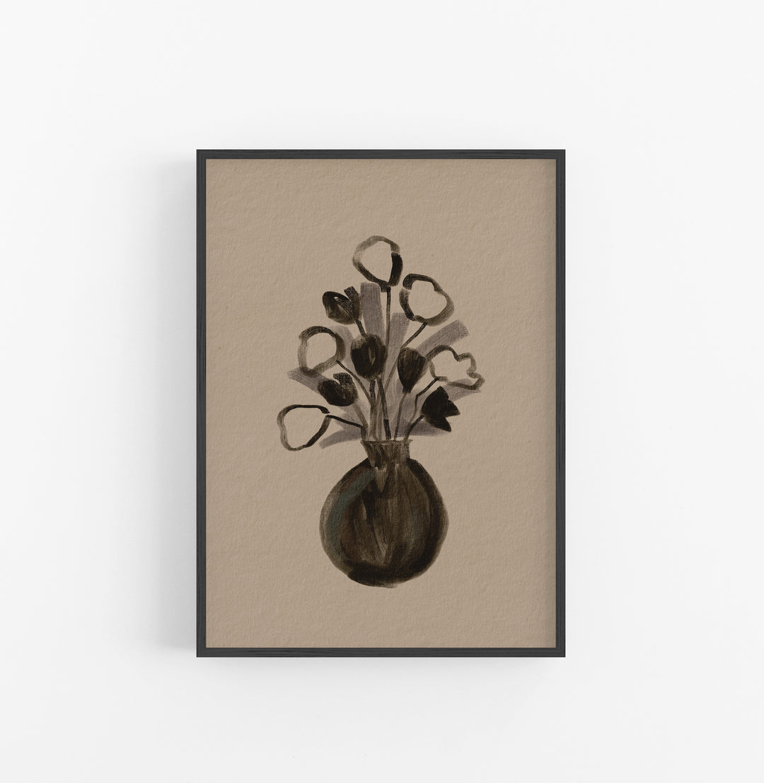 Cuadro con Marco Casual Ethnic Floral Minimalista Negro Beige